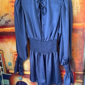 WeWoreWhat Midnight Blue Long-Sleeve Smocked-Waist Romper - Size S/P